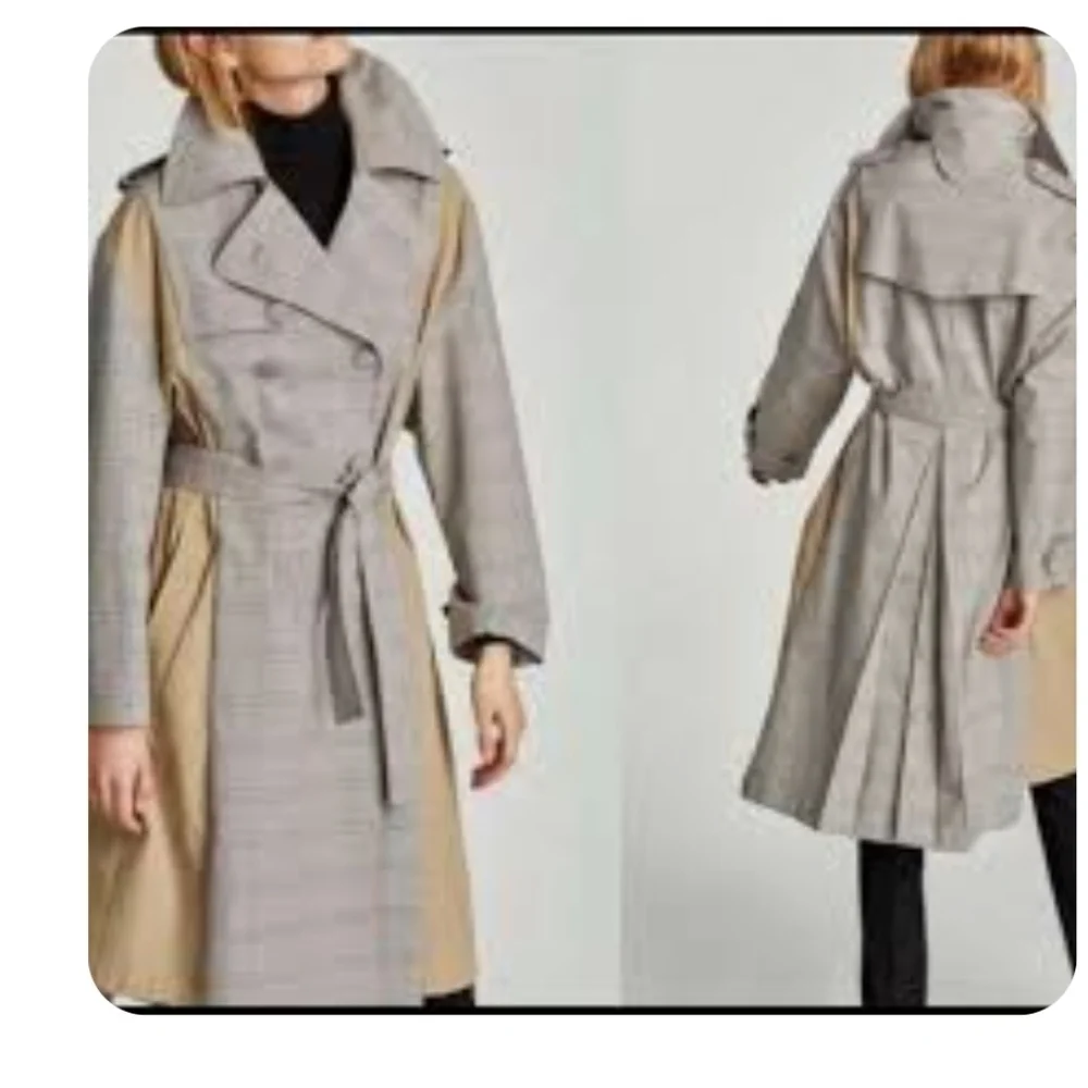 Zara Tan Plaid Houndstooth Double Breasted Trench Coat Size M - Picture 2 of 16
